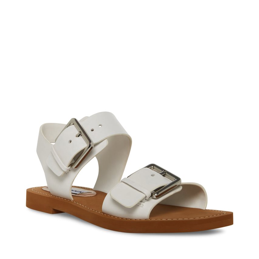 White Steve Madden Santo Leather Women's Flat Sandals | PH 8706ZCY